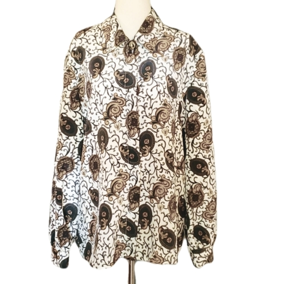 VINTAGE BLOUSE SHIRT LONG SLEEVE SZ 14 GOLD BEIGE BROWN GREEN RED BRASS BUTTONS - Picture 4 of 13